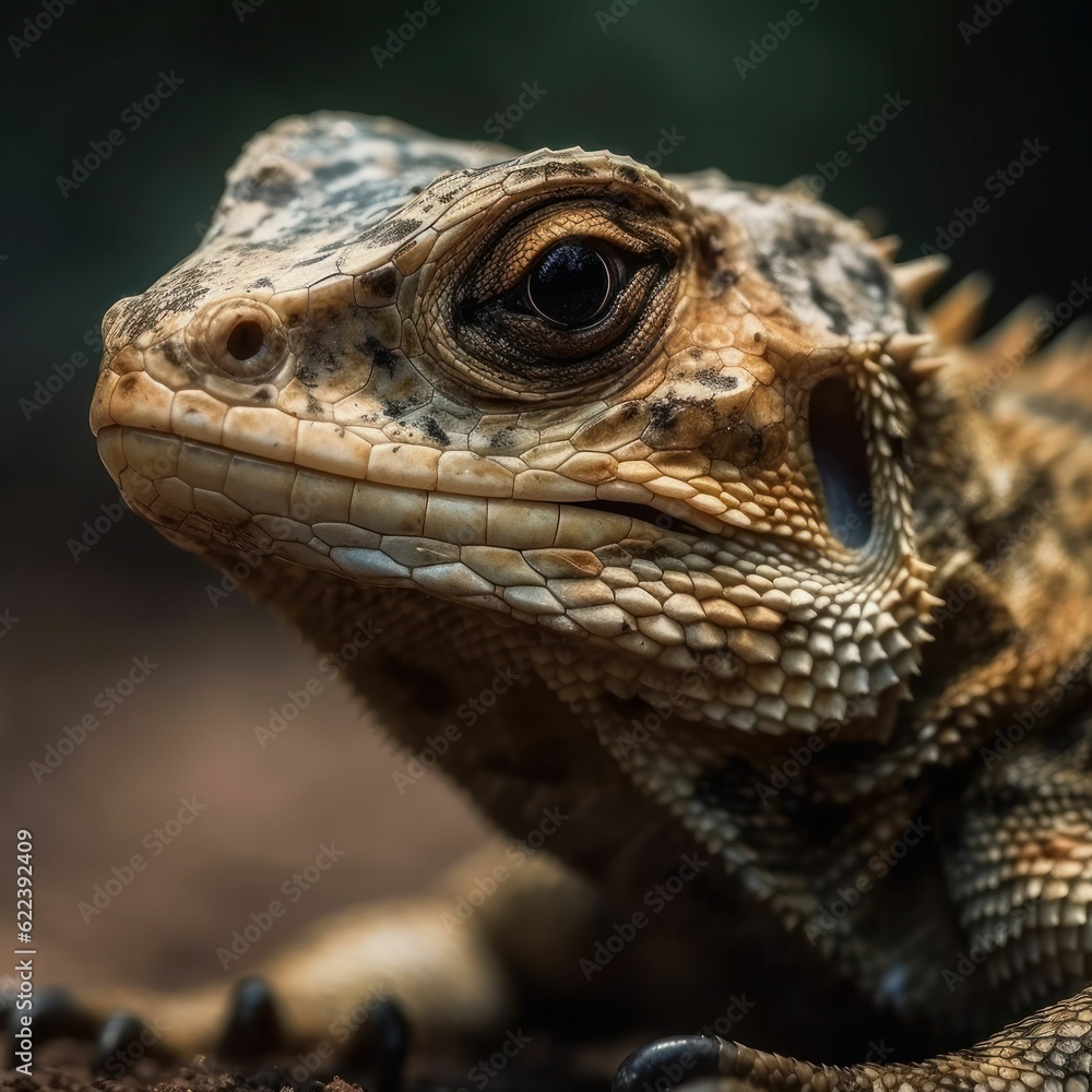 AI generated illustration of a close-up of an iguana on a log in the dark