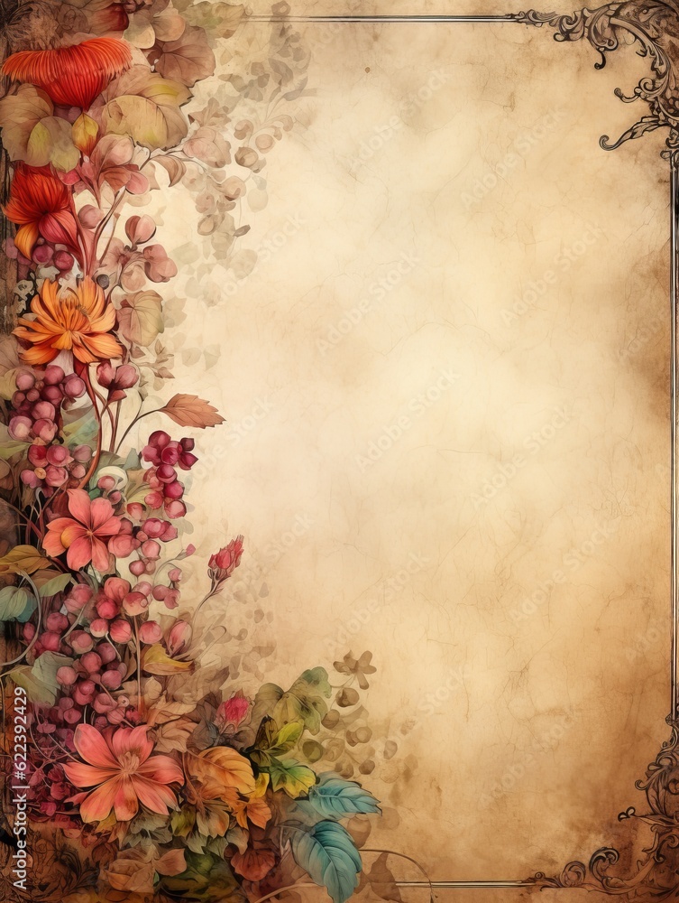 Autumn Floral Border on Aged Paper