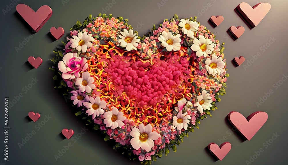 AI generated vibrant heart-shaped wreath composed of various colorful flowers and hearts