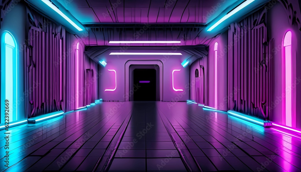 AI generated vibrant hallway illuminated by bright lights