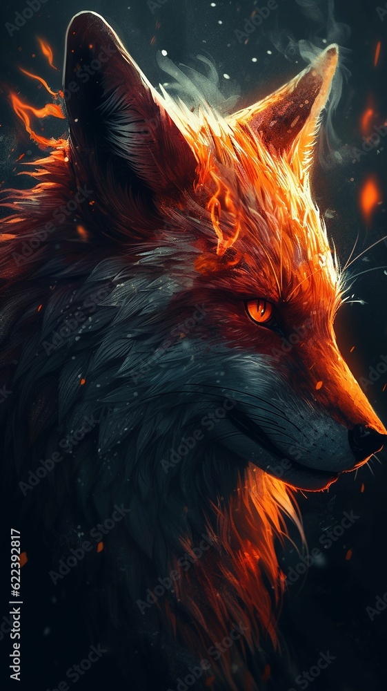 AI generated illustration of a majestic fox gazing out engulfed in vibrant flames