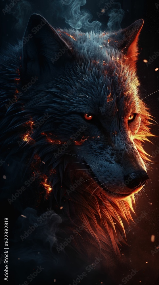 AI generated illustration of a majestic wolf gazing out engulfed in vibrant flames AI generated illustration of a majestic wolf gazing out engulfed in vibrant flames