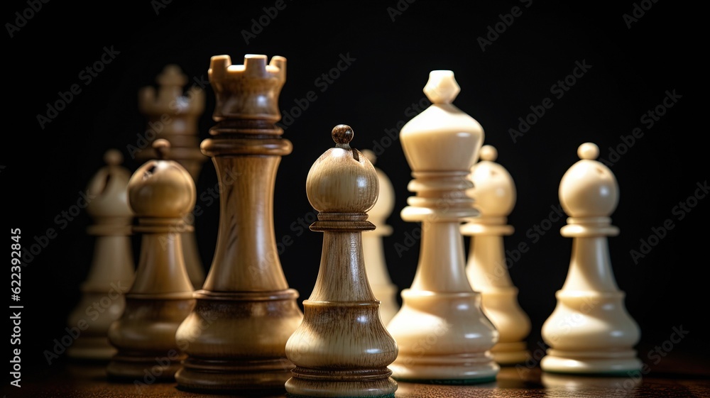 AI generated illustration of a chess set, with the chess pieces casting shadows