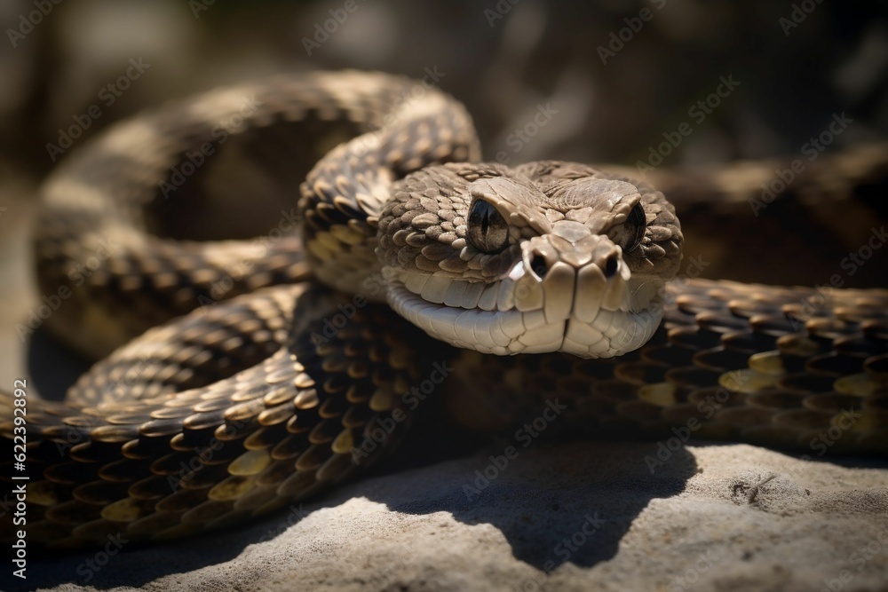 AI generated illustration of snake coiled around rocks AI generated illustration of snake coiled around rocks