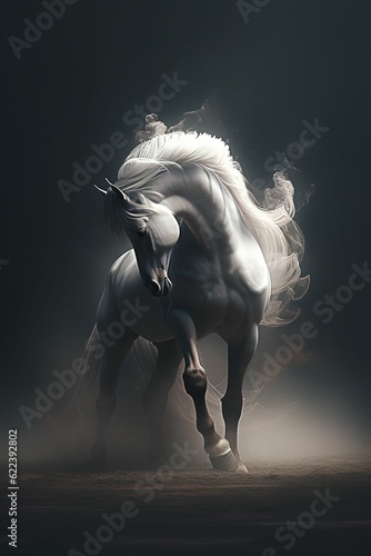 AI generated illustration of a white horse against a dusty landscape galloping