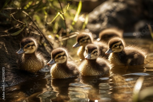 AI generated illustration of ducklings enjoy a swim in a peaceful pond © Mishai/Wirestock Creators