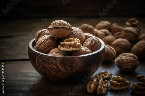 AI generated illustration bunch of walnuts in bowl on rustic wooden table