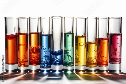 Chemical test tubes filled with a variety of colorful liquids on white background, ai generated
