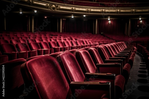 AI generated illustration of row of vibrant red chairs in empty theater illuminated by spotlights