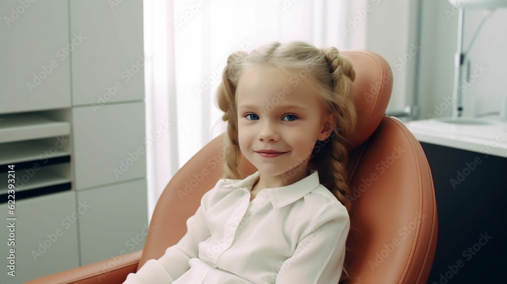 AI generated illustration of A cheerful young girl sitting in a dentist office AI generated illustration of A cheerful young girl sitting in a dentist office