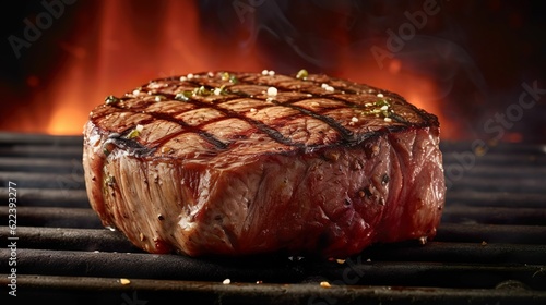 AI-generated illustration of a steak sizzling on a hot grill against a backdrop of glowing flames.