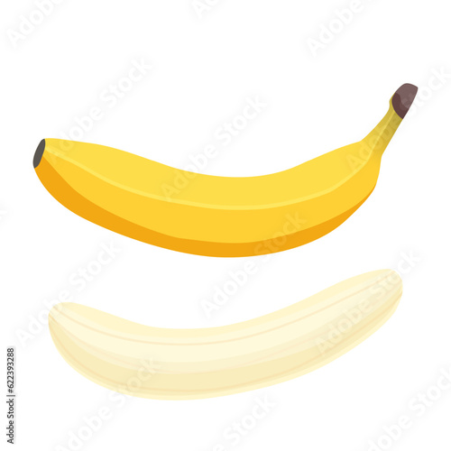 Banana whole and peeled. Fruit banana icons isolated on white background. Flat cartoon vector illustration. Healthy nutrition menu