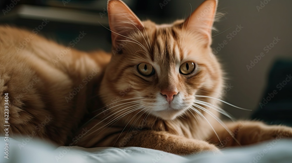 AI generated illustration of a ginger domestic cat lying on a bed