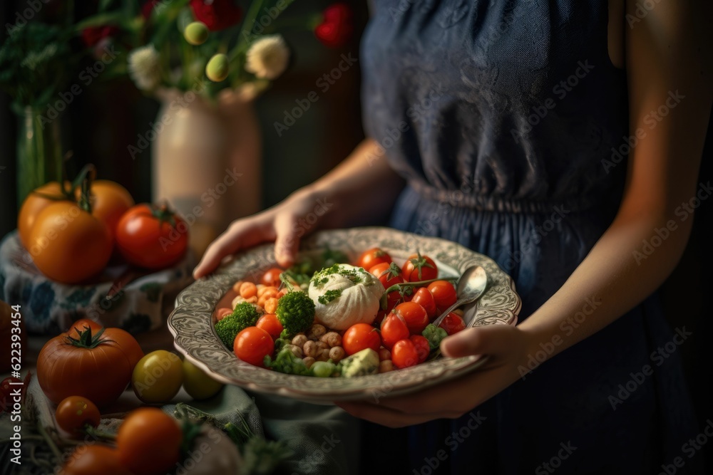 AI generated illustration of a female holding a bowl of vegetables and burrata