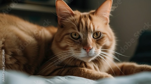AI generated illustration of a ginger domestic cat lying on a bed © Rhyn/Wirestock Creators