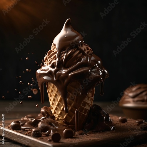 AI generated illustration of An appetizing ice cream cone with chocolate bars on top
