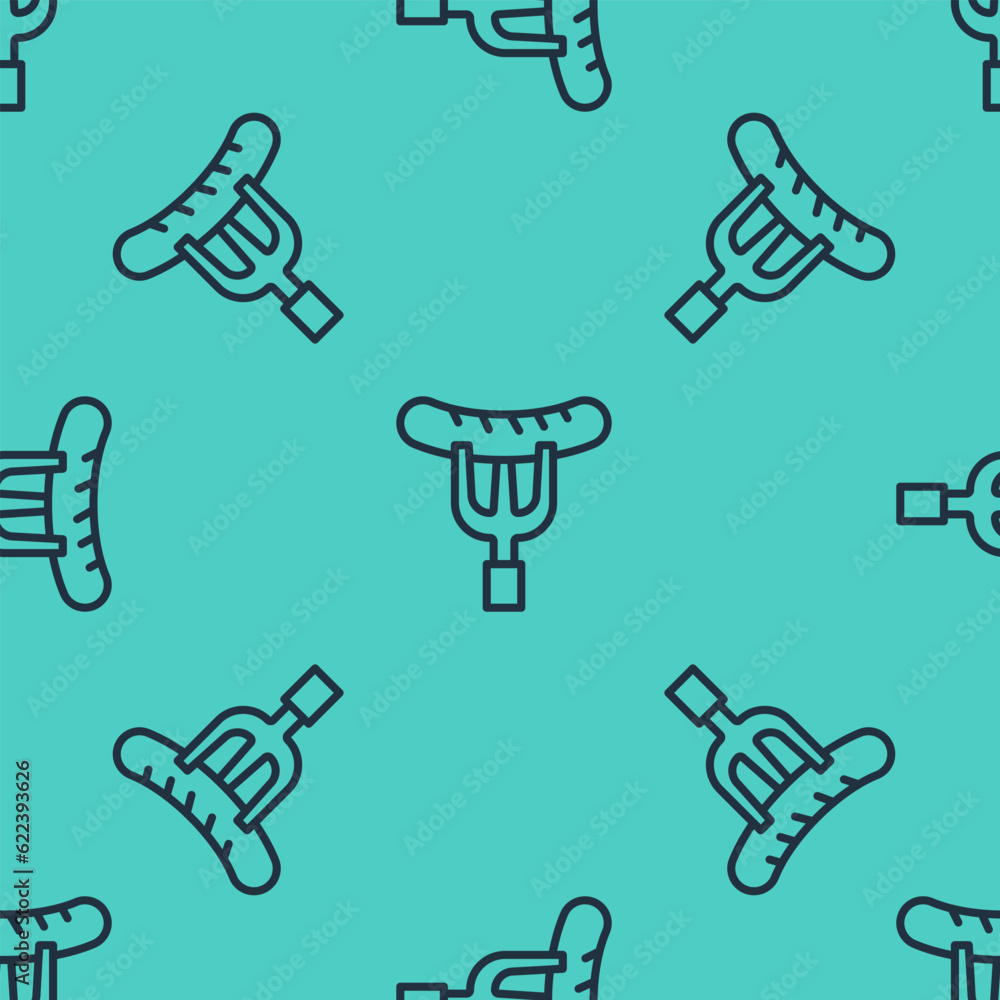Black line Sausage on the fork icon isolated seamless pattern on green background. Grilled sausage and aroma sign. Vector Black line Sausage on the fork icon isolated seamless pattern on green background. Grilled sausage and aroma sign. Vector