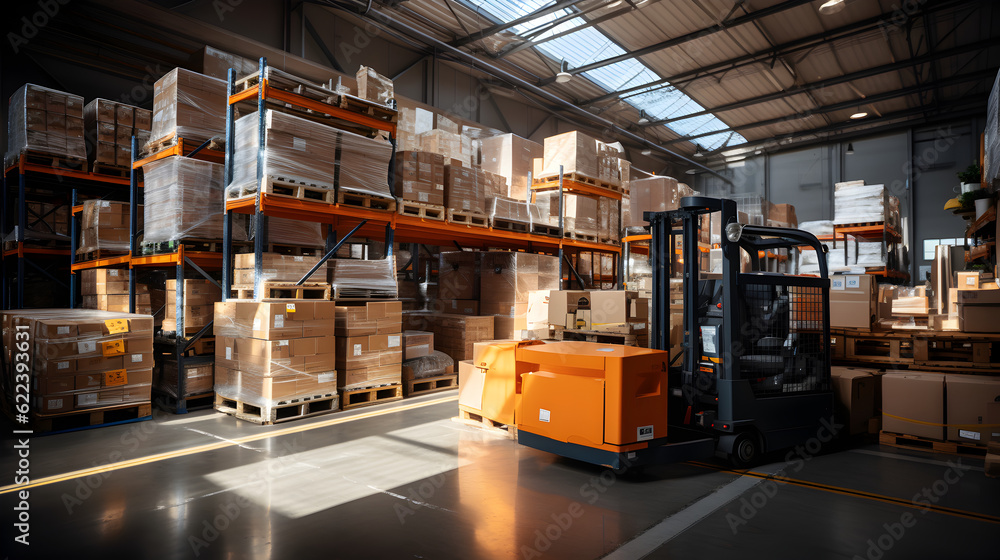 Interior of a modern warehouse storage of retail shop with pallet truck near shelves for advertising and background Generative AI Interior of a modern warehouse storage of retail shop with pallet truck near shelves for advertising and background Generative AI