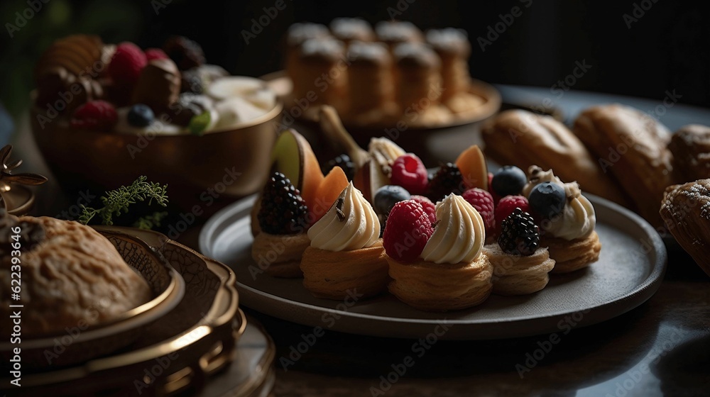 Assortment of freshly baked pastries attractively displayed on plates. AI-generated.