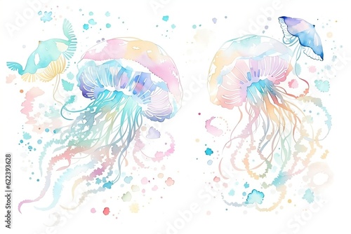 Watercolor illustration of jellyfish on a white background, created with Generative AI technology. 