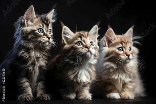 AI generated illustration of Three adorable small kittens sitting side by side