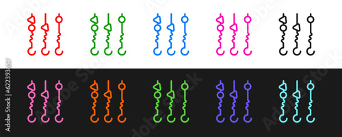 Set line Grilled shish kebab on skewer stick icon isolated on black and white background. Meat kebab on skewer stick. Picnic with grilled meat. Vector