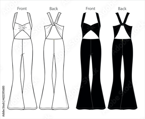 Vector woman strapless jumpsuit technical drawing, sleeveless jumpsuit with opened back and bow fashion CAD, straight wide legs jumpsuit template, flat, sketch.Jersey or woven fabric 2 pieces jumpsuit