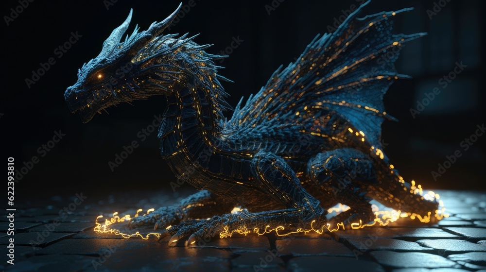AI generated illustration of a dragon with a luminous glow in a dark atmosphere AI generated illustration of a dragon with a luminous glow in a dark atmosphere