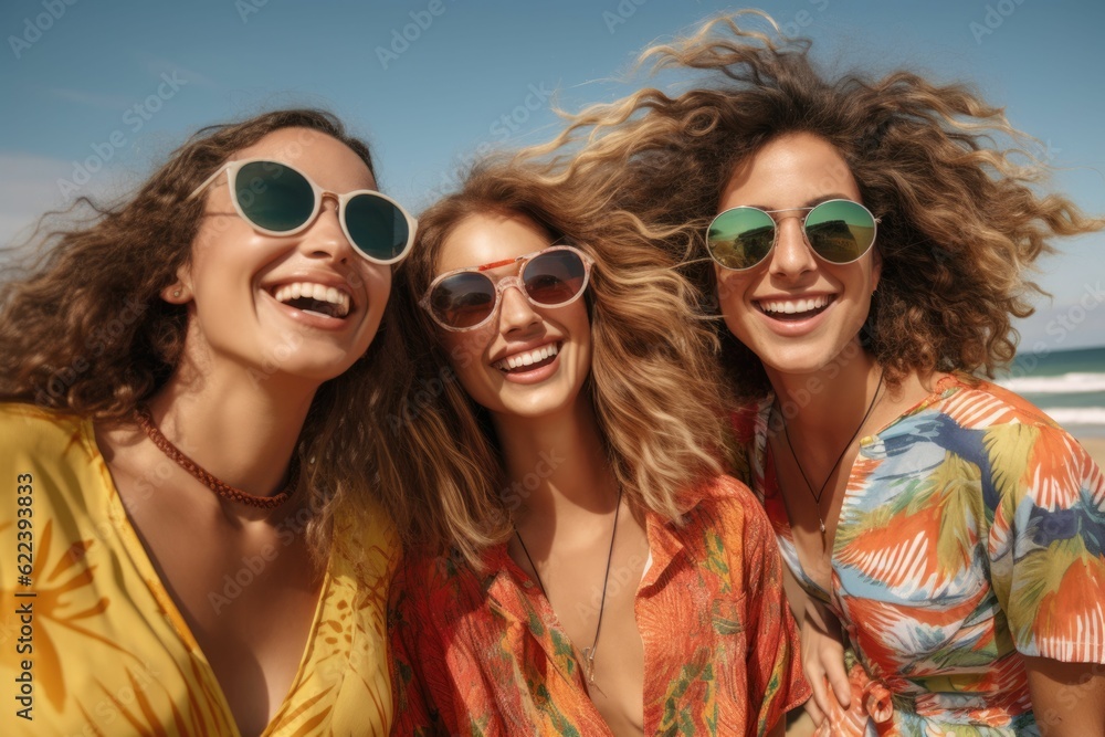 AI generated illustration of a group of happy young women smiling taking a selfie on a beach