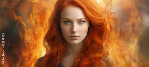 Beautiful red-haired woman surrounded by vibrant flames symbolizing the fire element. AI-generated.