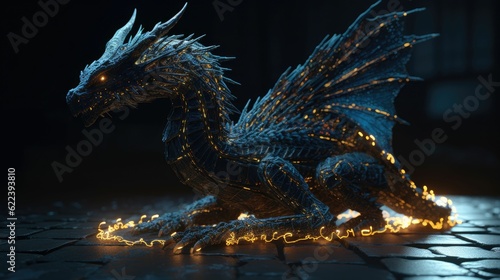 AI generated illustration of a dragon with a luminous glow in a dark atmosphere © Jkp12/Wirestock Creators