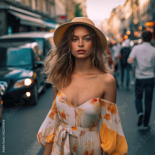 AI generated illustration of a beautiful young female in a dress posing on a street backdrop