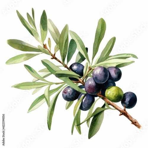 AI generated illustration of a watercolor of bright olives on a branch on a white background