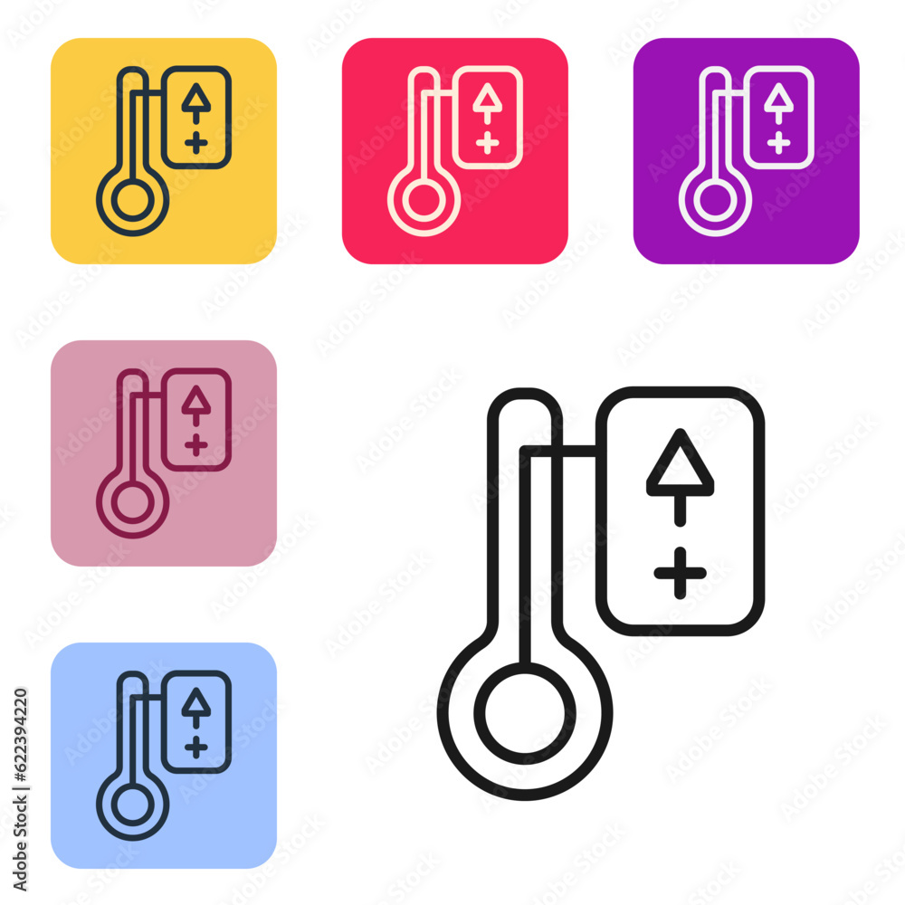 Black line Sauna thermometer icon isolated on white background. Sauna and bath equipment. Set icons in color square buttons. Vector Black line Sauna thermometer icon isolated on white background. Sauna and bath equipment. Set icons in color square buttons. Vector