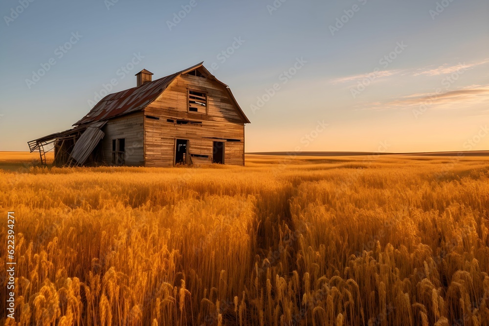 AI generated illustration of a rustic barn illuminated by the golden sunset light AI generated illustration of a rustic barn illuminated by the golden sunset light