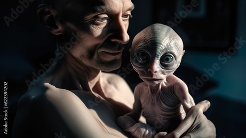 AI generated illustration of a man lovingly embracing an alien offspring in his arms
