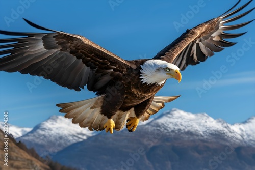 AI generated illustration of Bald Eagle soaring in the sky above a mountainous landscape © Jasper Bel/Wirestock Creators