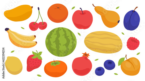 Fototapeta Naklejka Na Ścianę i Meble -  Set of fruits and berries. Mango, cherry, orange, lemon, watermelon, melon, blueberry, bananas, raspberry, strawberry, pomegranate, plum, persimmon, apricot, peach, pear, apple. Healthy nutrition