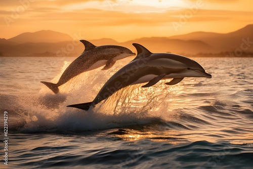 AI generated illustration of two dolphins jumping out of the ocean water