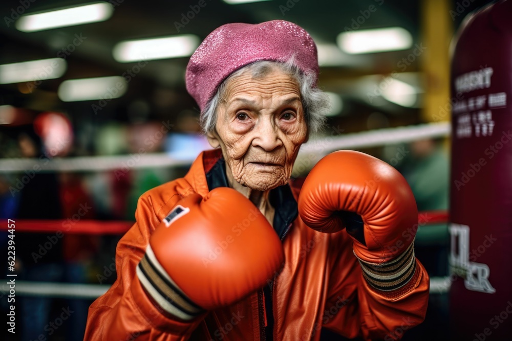 AI generated illustration of a mature adult woman wearing boxing gloves in a gym