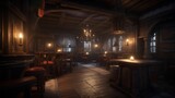 AI generated illustration of a cozy vintage wooden interior with lit candles