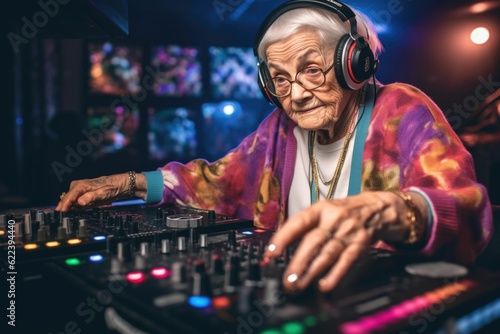 AI generated illustration of an elderly woman DJ mixing music with headphones in a club