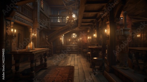 AI generated illustration of a cozy vintage wooden interior with lit candles © Medievalmementos/Wirestock Creators