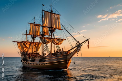 AI generated illustration of a large wooden sailing ship is seen in the middle of a vast blue ocean