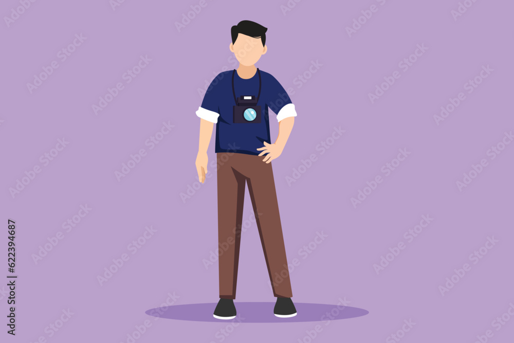 Graphic flat design drawing of male photographer standing and posing with camera digital photo. Pictures made by employees, photographs by cameraman. Man experts job. Cartoon style vector illustration