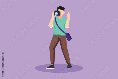 Character flat drawing front view of male photographer standing with thumbs up gesture, taking photo with camera, photographing. Creative profession or occupation. Cartoon design vector illustration © onetime