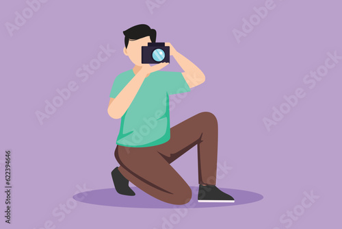 Graphic flat design drawing front view of happy photographer is taking photo using dslr camera. Male character standing full length and shooting. Studio photography. Cartoon style vector illustration