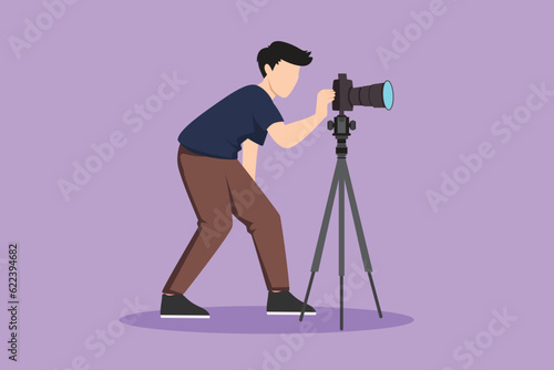 Character flat drawing super equipment photographer. Young man holding and aiming camera with standing tripod for taking picture. Accessories for photographing logo. Cartoon design vector illustration