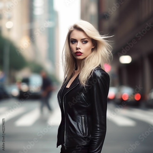 AI generated illustration of a young woman with red lipstick, stands in the street