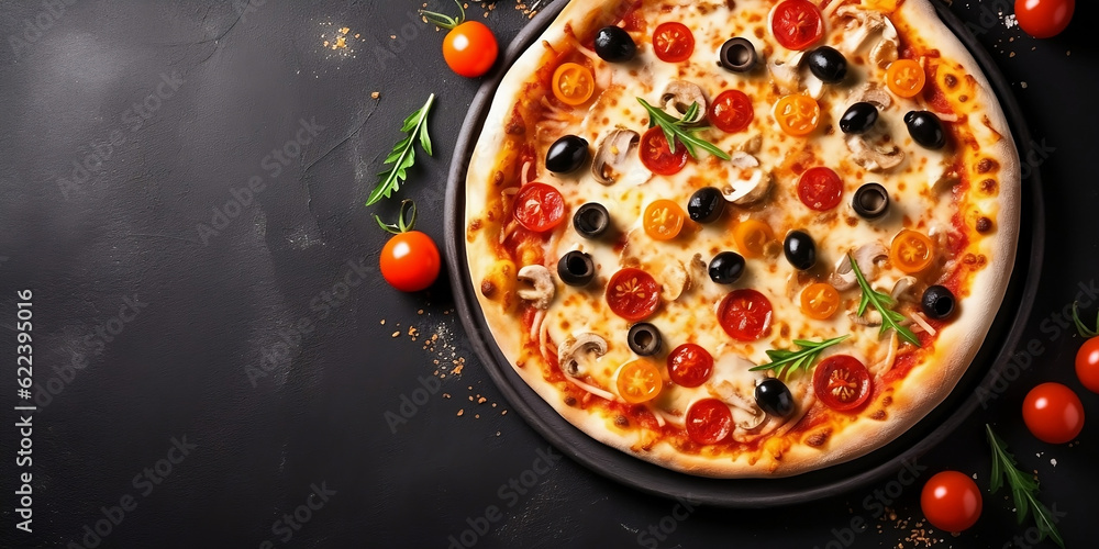 Tasty pepperoni pizza on black background, delicious hot pepperoni pizza cooking ingredients tomatoes olives mushrooms, copy space, top view, above, flat lay, banner, menu, pizzeria, generative ai